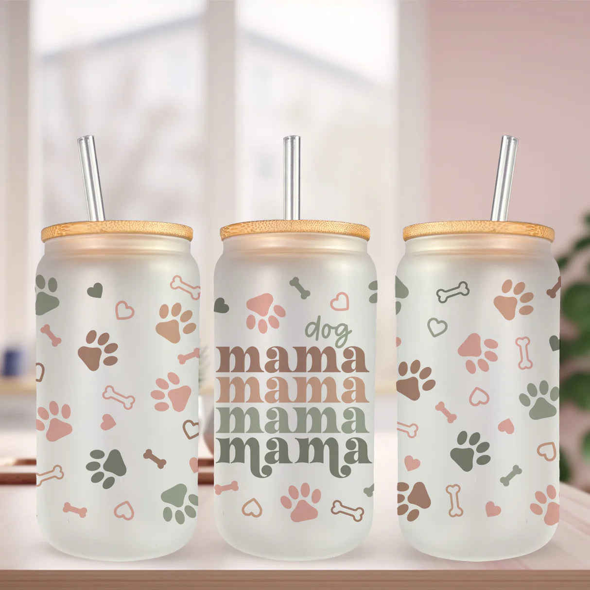 18 oz Custom Frosted Glass Cup with Bamboo Lid & Straw