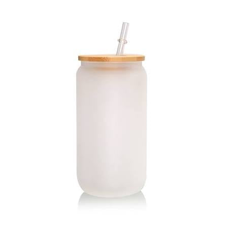 18 oz Custom Frosted Glass Cup with Bamboo Lid & Straw
